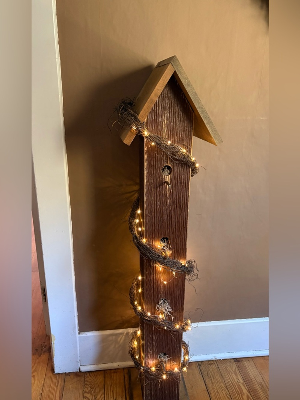 Rustic Brown Wooden Birdhouse Post with Lights - handcrafted one of a kind